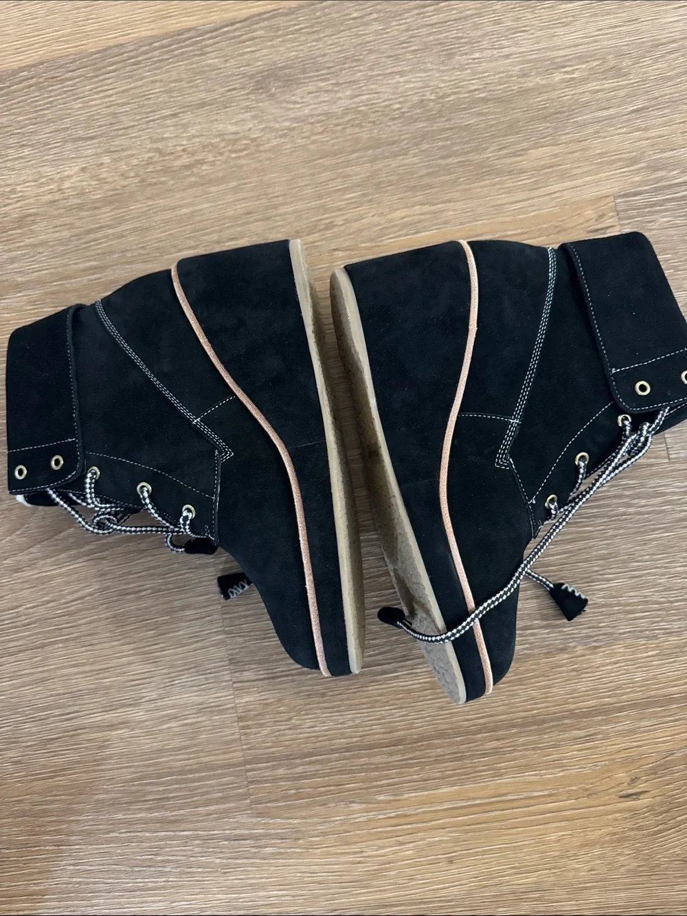 kate spade Black Suede Lace-Up Wedge Ankle Boots with Tan Trim